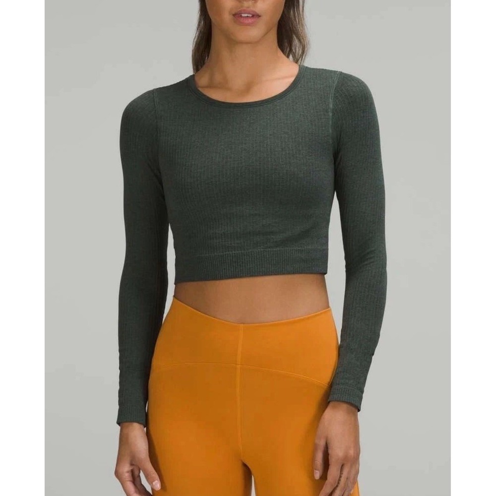 Lululemon Ebb To Street Long Sleeve Crop Top Women 10 Smoked Spruce Ribbed Green